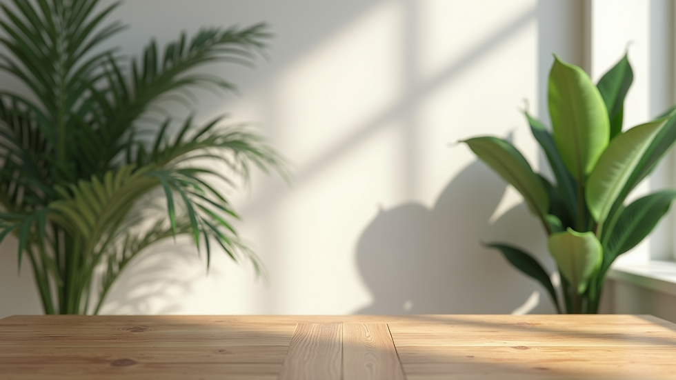 High angle view of minimalist decor with a natural wooden table and green plants