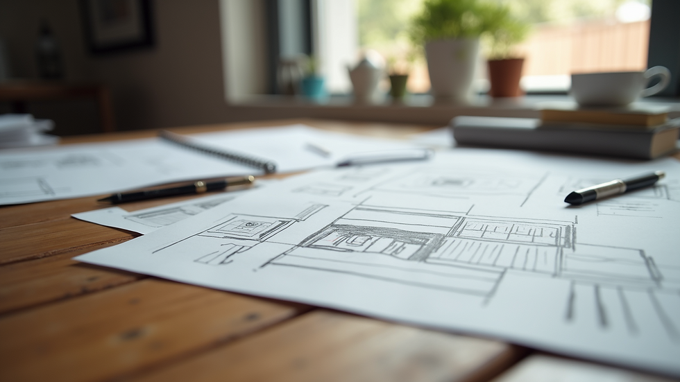 Close-up view of an interior designer's sketches and materials on a wooden table