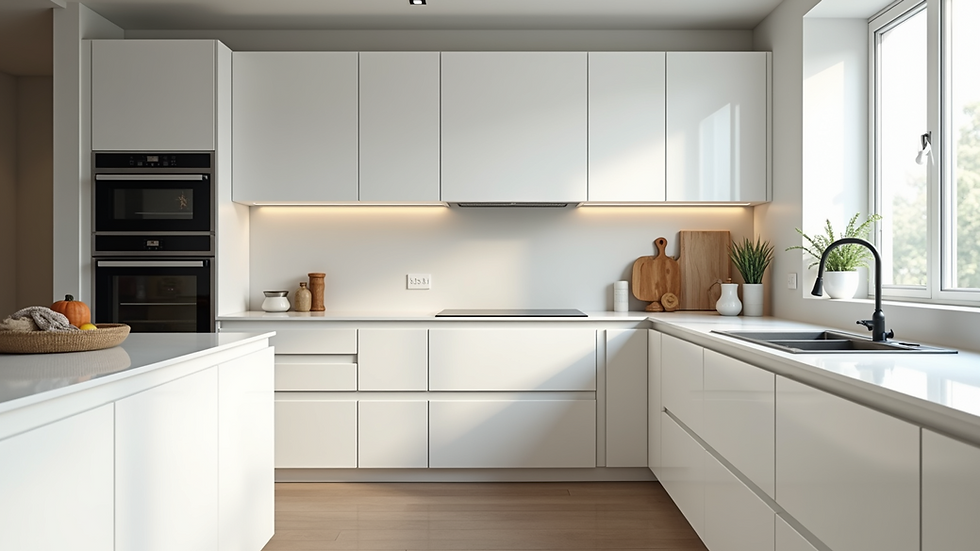 Eye-level view of modern kitchen with white cabinets and island