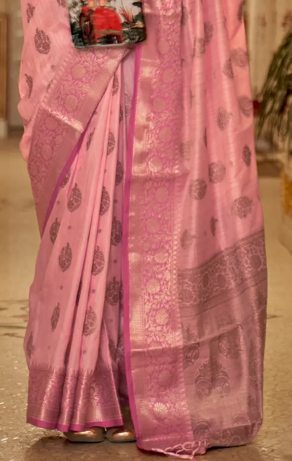 Thumbnail: Pink Tussar Silk Sari with Intricate Zari Work & Butta Design