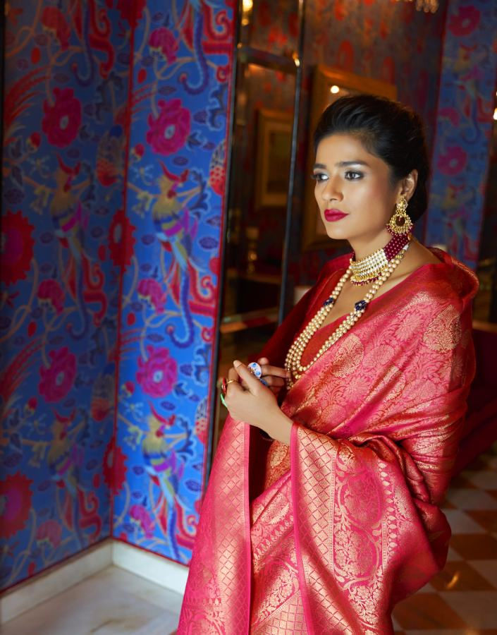 Thumbnail: Punch Pink Woven Banarasi Silk Saree