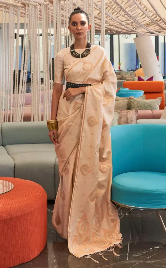 Off White Copper Zari Woven Satin Silk