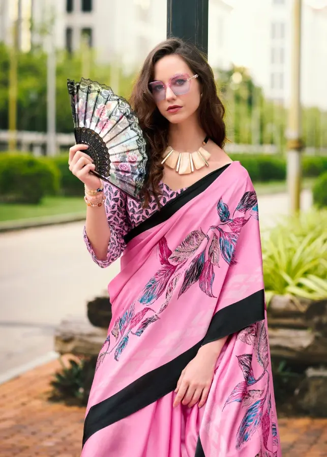 Thumbnail: Barbie Pink Printed Satin Crepe Saree