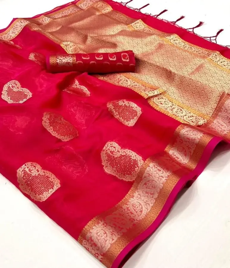 Thumbnail: Red Woven Banarasi Organza Silk Saree With Sequins Work