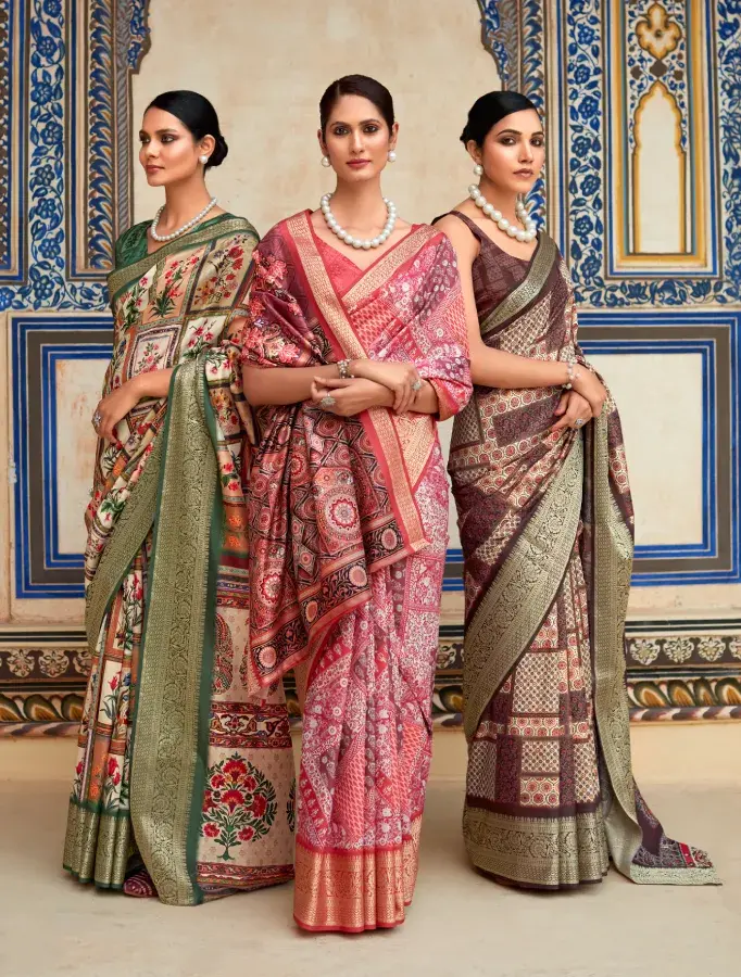 Thumbnail: Green and Cream Banarasi Printed Silk Saree