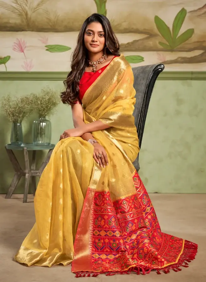 Thumbnail: Women's Yellow Woven Work Cotton Silk Saree with Blouse