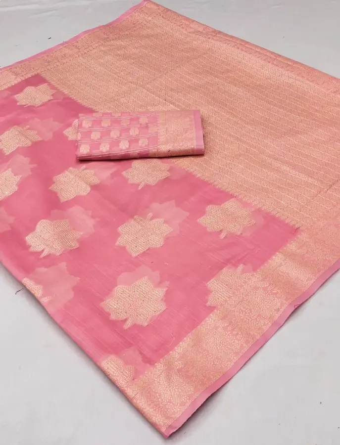 Thumbnail: Pink Lucknowi Cotton Saree With Stylish Blouse Piece