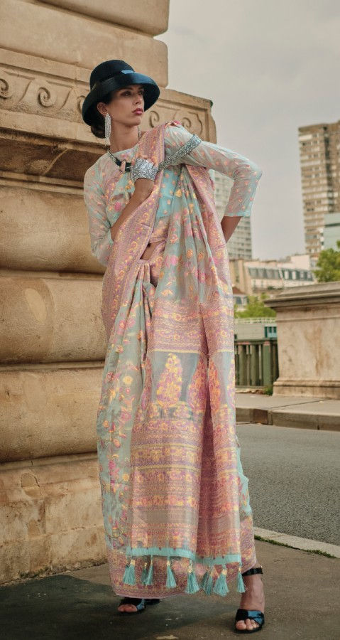 Women's Aqua Blue Kashmiri Organza Handloom Weaving Saree