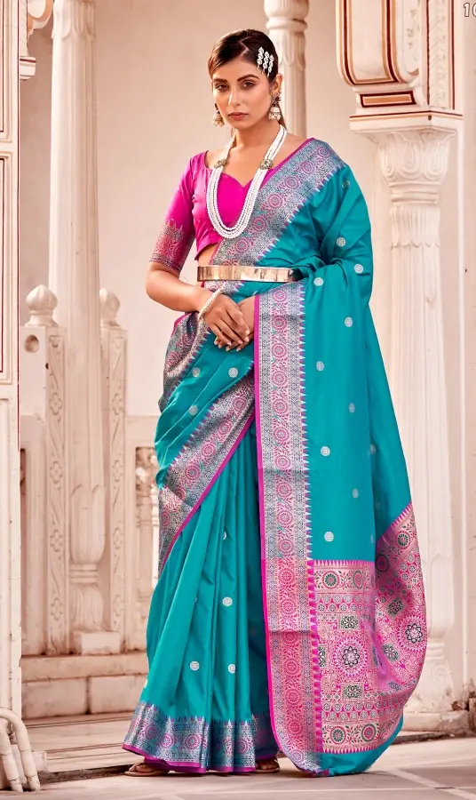 Turquoise Woven Banarasi Silk Saree
