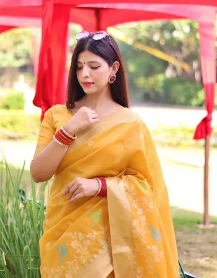 Thumbnail: Women's Yellow Woven Work Cotton Silk Saree