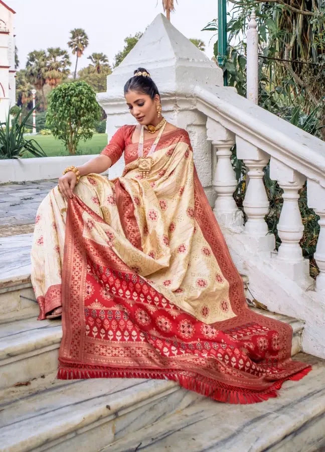 Thumbnail: Women's Cream Patola Woven Silk Saree