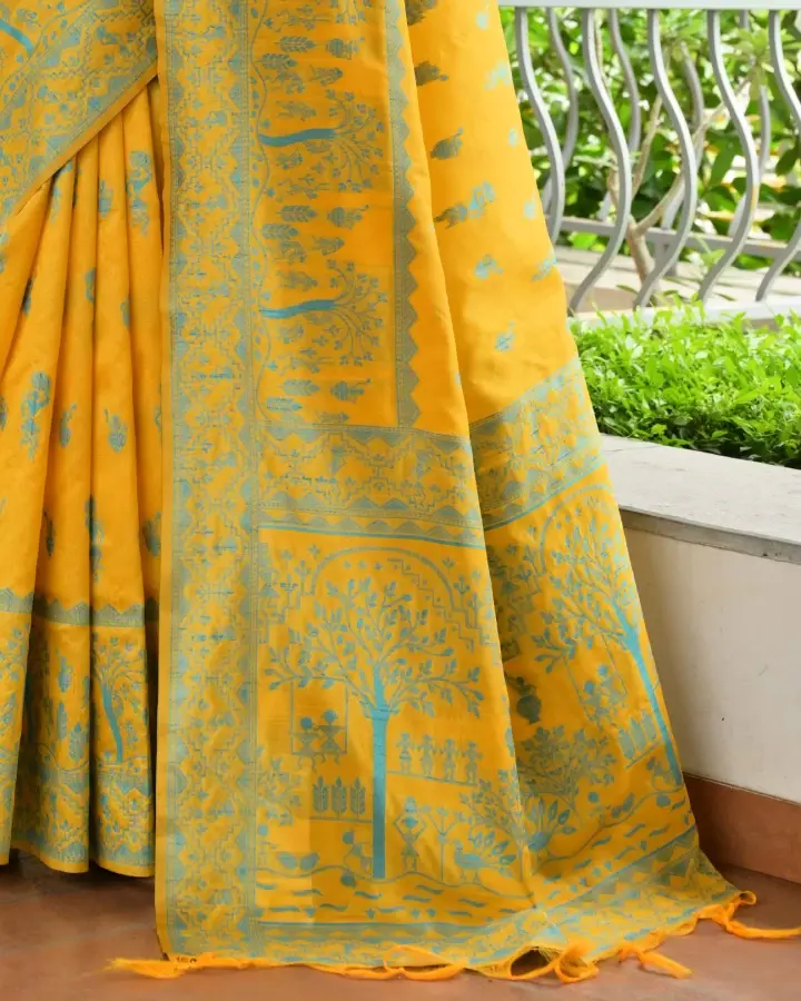 Thumbnail: Yellow Handloom Raw Silk Saree with Woven Kalamkari Pallu Intricate