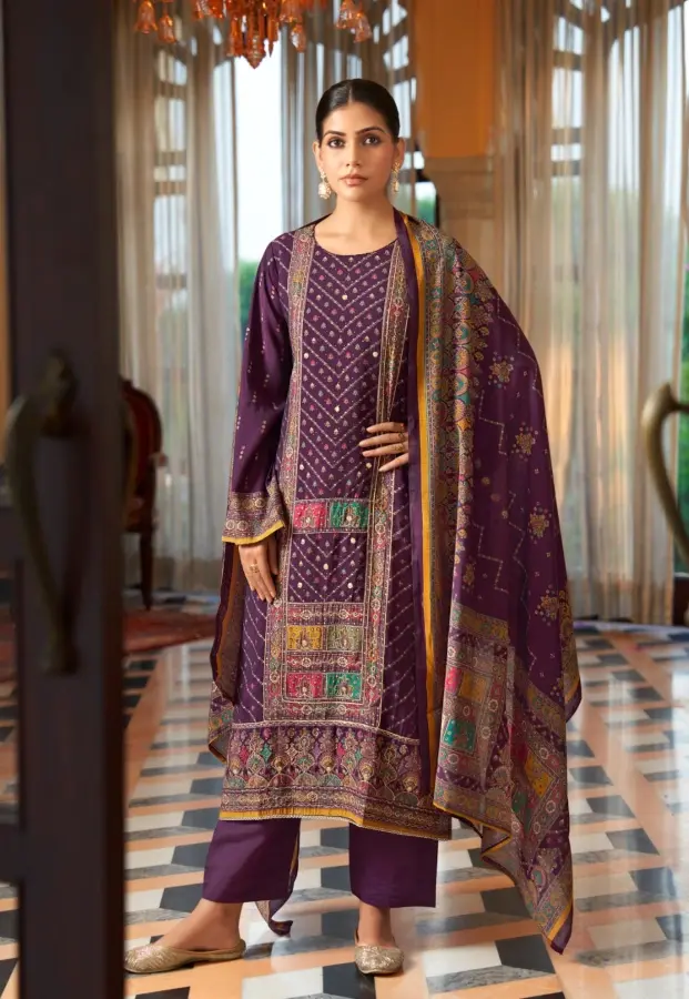 Purple Viscose Muslin with Digital Foil Print & Handwork Embroidery Salwar Suits