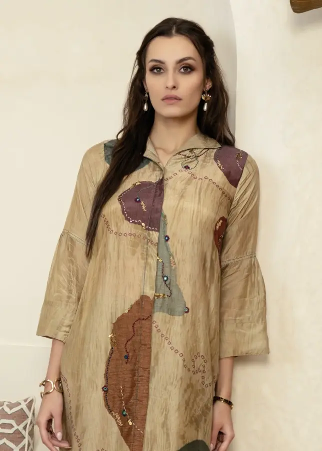 Thumbnail: Women's Beige Pure Dola Silk Bandhani Stitched Designer Salwar Suit