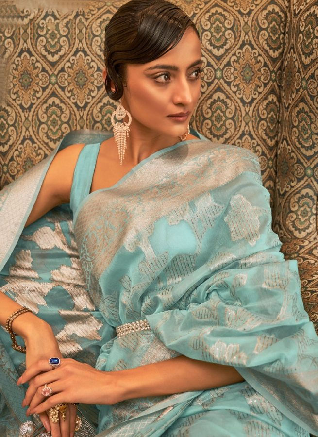 Thumbnail: Women's Handwoven Light Blue Cotton Silk Saree