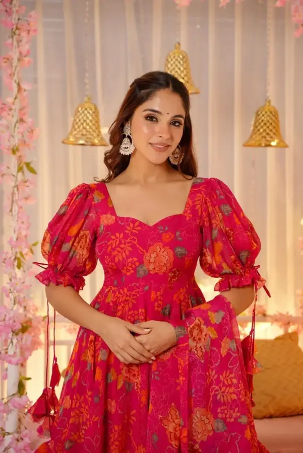 Thumbnail: Hot Pink Printed Soft Organza Anarkali Stitched Suit