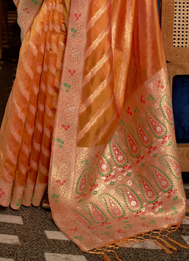 Thumbnail: Women's Orange Banarasi Organza Silk Saree With Blouse