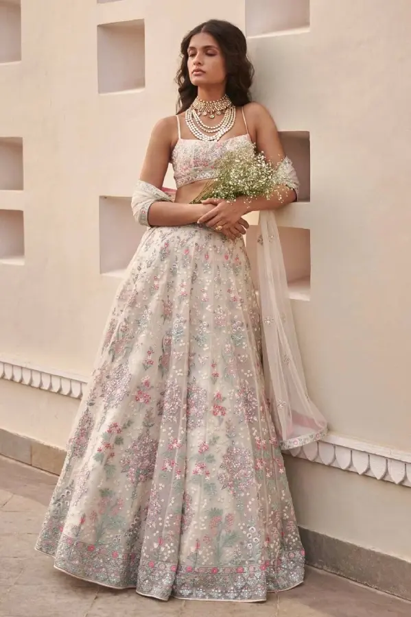Thumbnail: Embroidered Georgette Off White Lehenga Choli Set