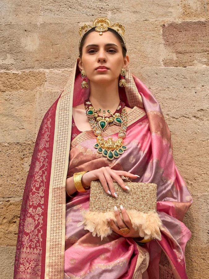 Thumbnail: Women's Pink and Maroon Silk Motifs Woven Design Zari Banarasi Saree