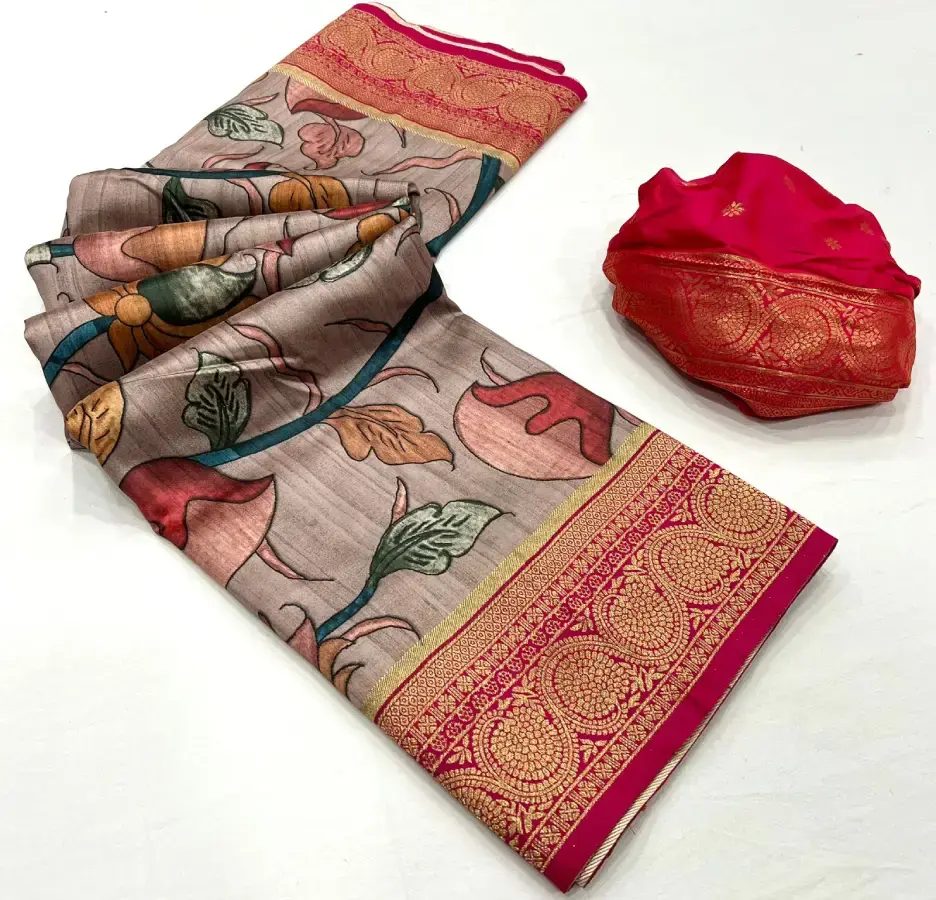 Thumbnail: Cream Kalamkari Printed Banarasi Silk Saree with Pink Zari Blouse