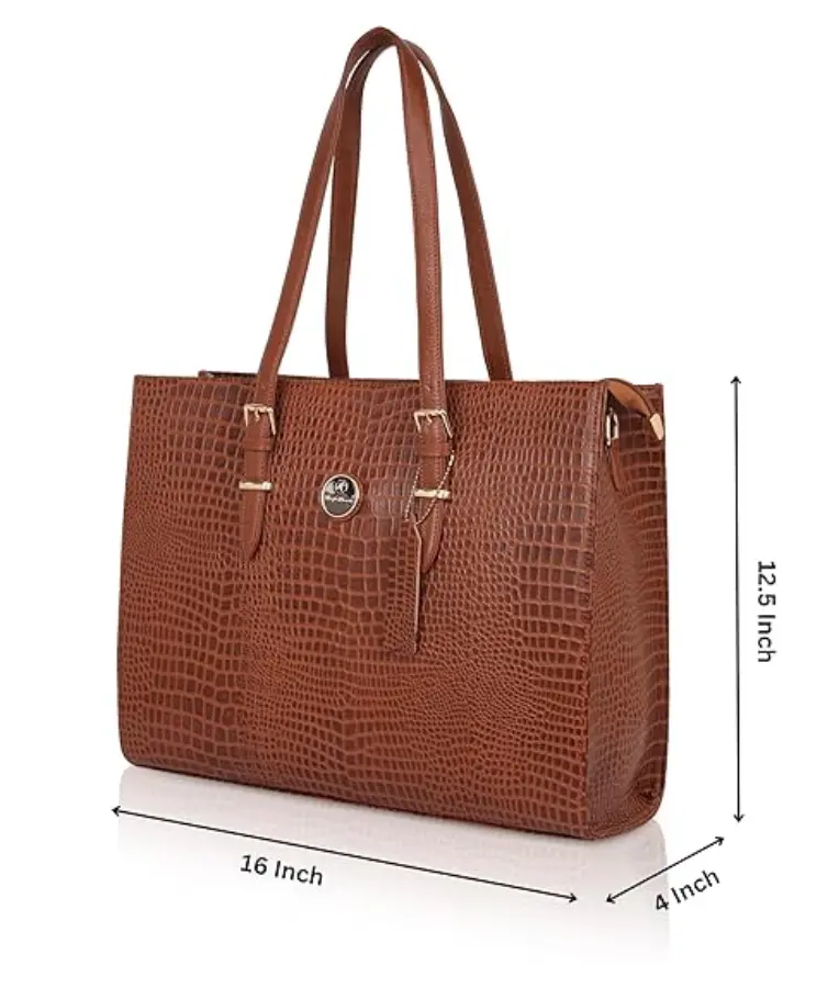 Thumbnail: Tan Brown Crocodile-Embossed Genuine Leather Tote Bag