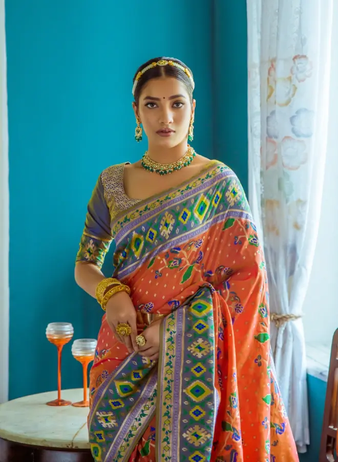 Thumbnail: Women's Orange Patola Fusion Paithani Silk Saree