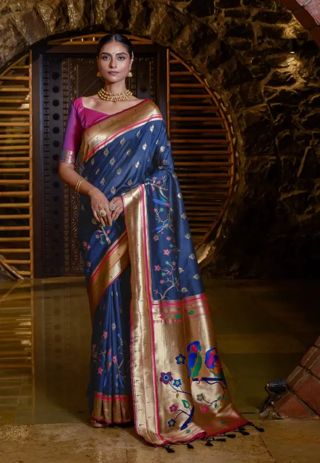 Thumbnail: Navy Blue Woven Paithani Silk Saree