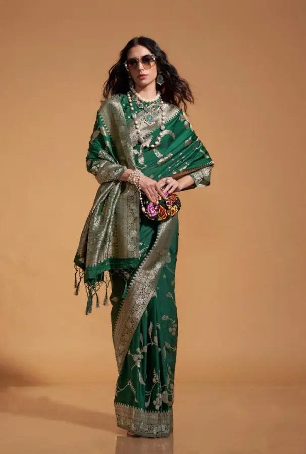 Thumbnail: Women Floral Woven Georgette Saree with Tassels - Green