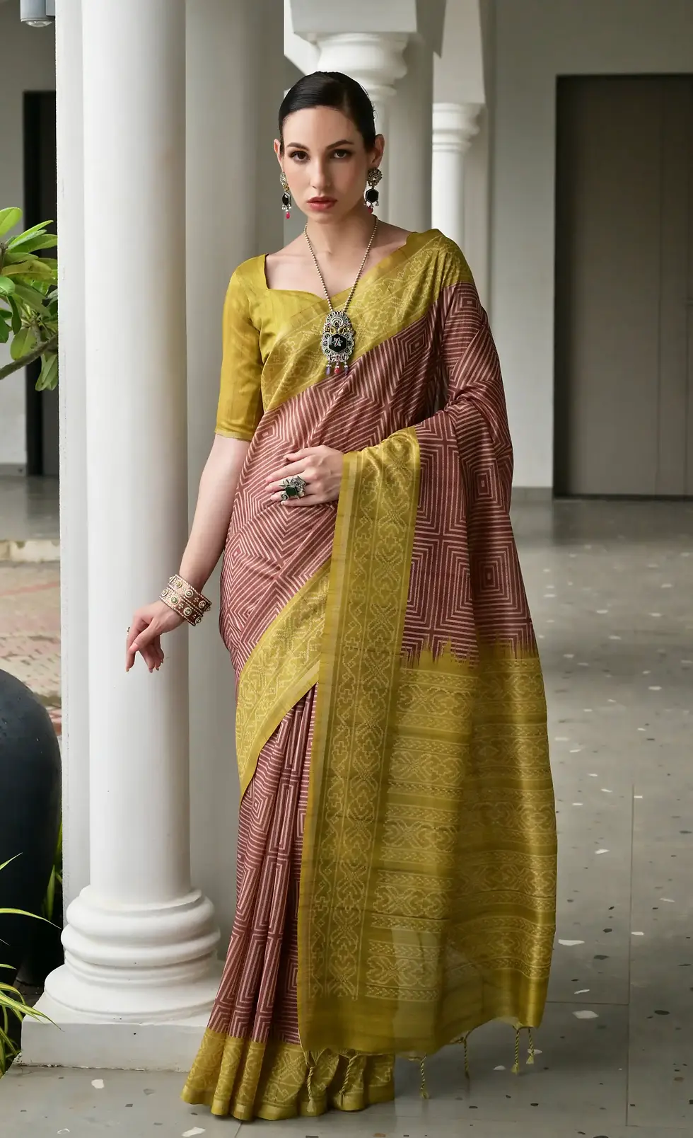 Brown & Olive Green Soft Tussar Silk Saree With Geometric Print & Ikkat Pallu