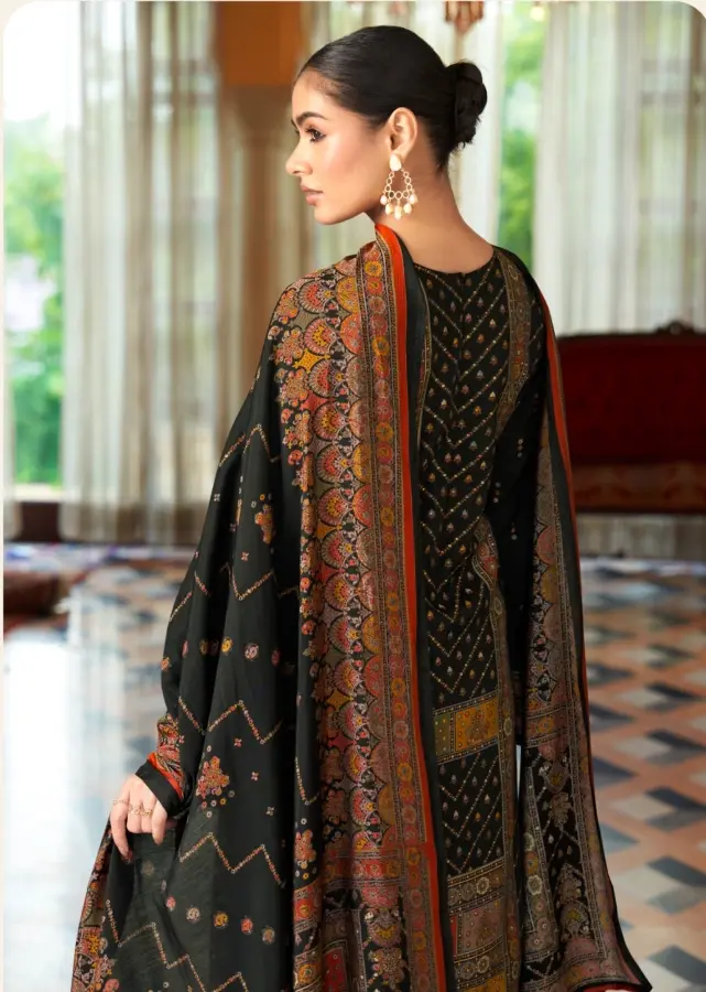 Thumbnail: Black Viscose Muslin with Digital Foil Print & Handwork Embroidery Salwar Suits