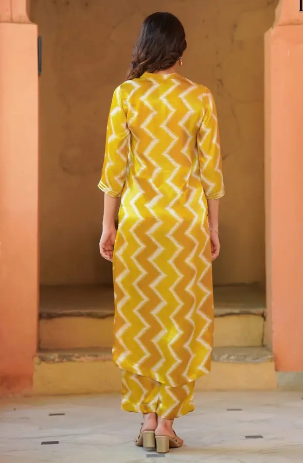 Thumbnail: Zig Zag Printed Pure Muslin Silk Pakistani Suit in Yellow