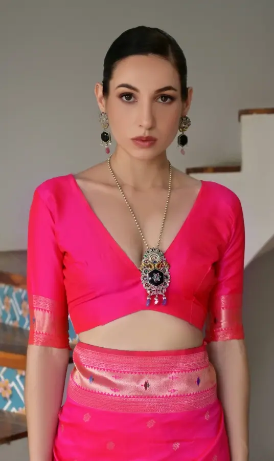 Thumbnail: Pink Paithani Silk Saree with Meenakari Weaves & Pure Zari Big Border