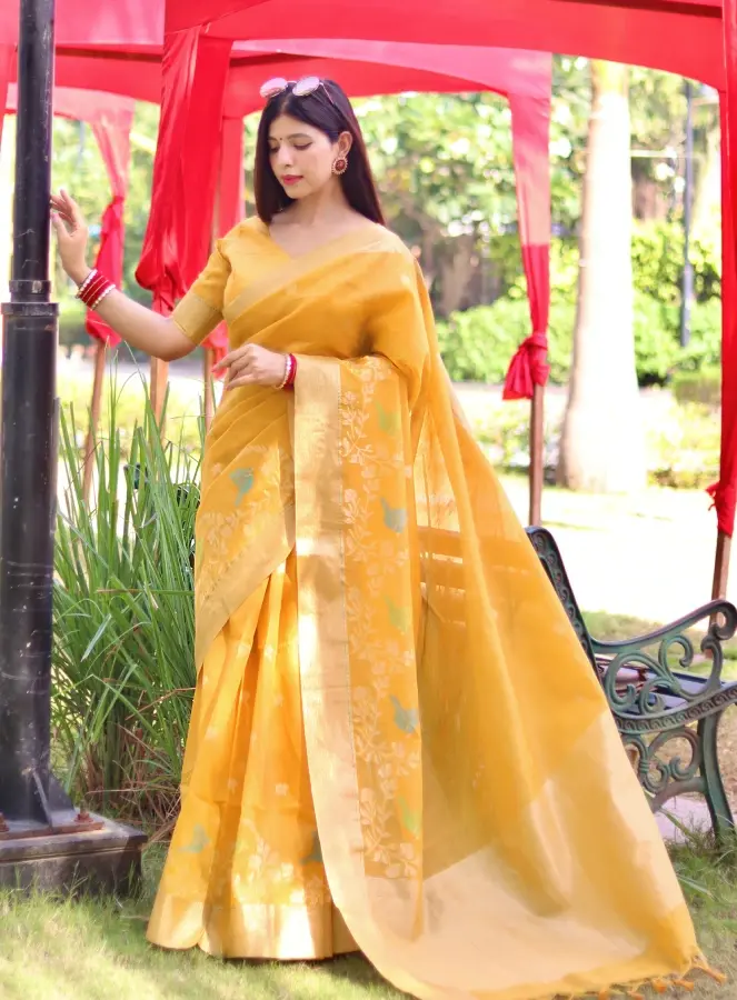 Thumbnail: Women's Yellow Woven Work Cotton Silk Saree