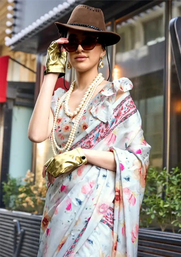 Thumbnail: Sky Blue Satin Printed Saree With Blouse Piece