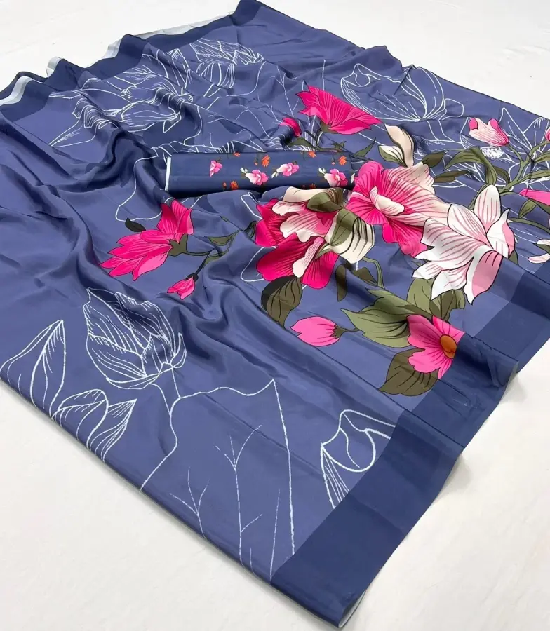 Thumbnail: Grey Digital Printed Pure Silk Crepe Saree With Abstract Pall