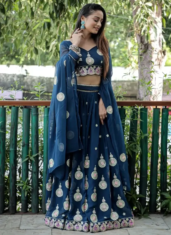 Thumbnail: Blue Georgette Lehenga Choli With Dupatta For Wedding