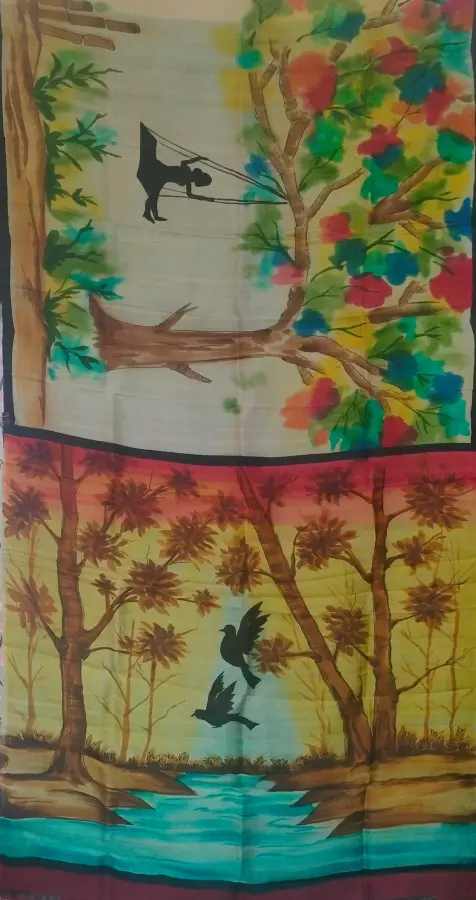 Thumbnail: Exquisite Hand Painted Silk White Yellow Saree