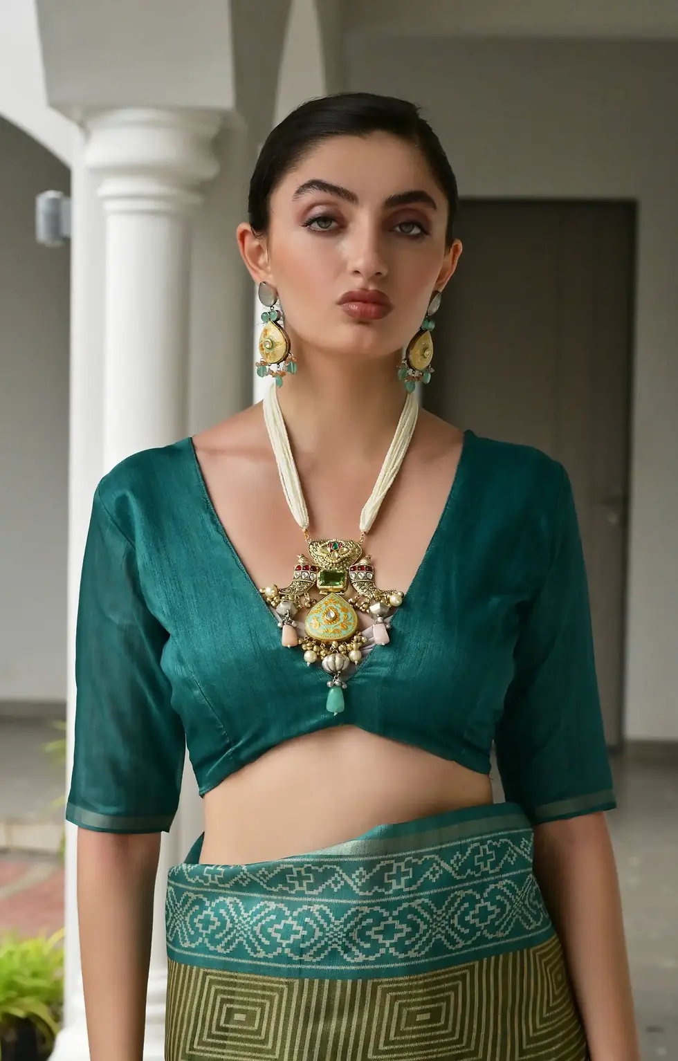 Thumbnail: Elegant Firozi Green Soft Tussar Silk Saree with Geometric Print and Ikkat Pallu