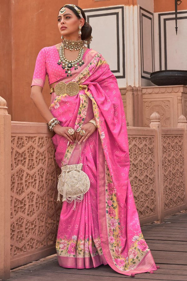 Women's Pink Designer Blend Floral Ethnic Motif Zari Silk Saree