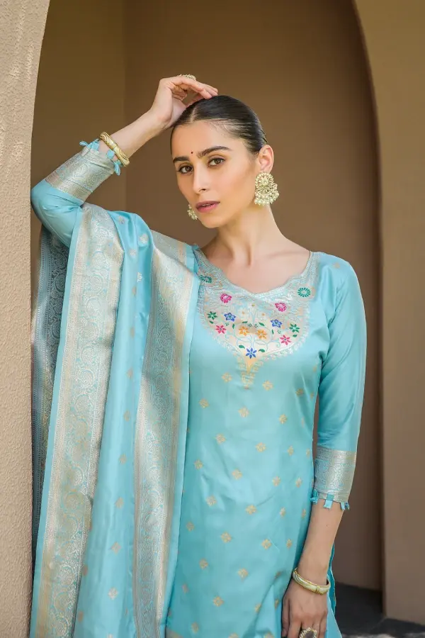 Thumbnail: Pastel Blue Paithani Zari Woven Unstitched Banarasi Silk Pant Kameez