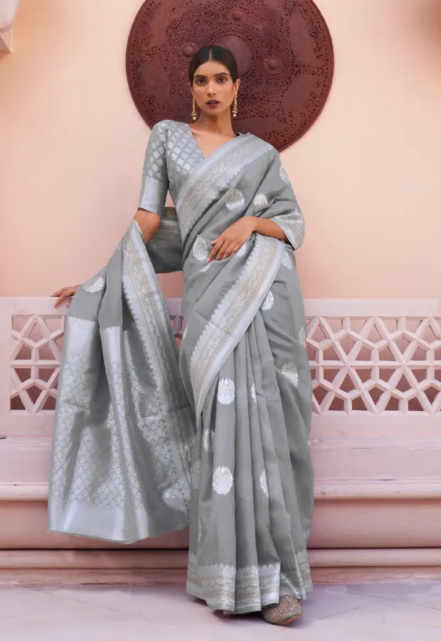 Grey Linen Silk Saree with Butti Designs – Traditional Design