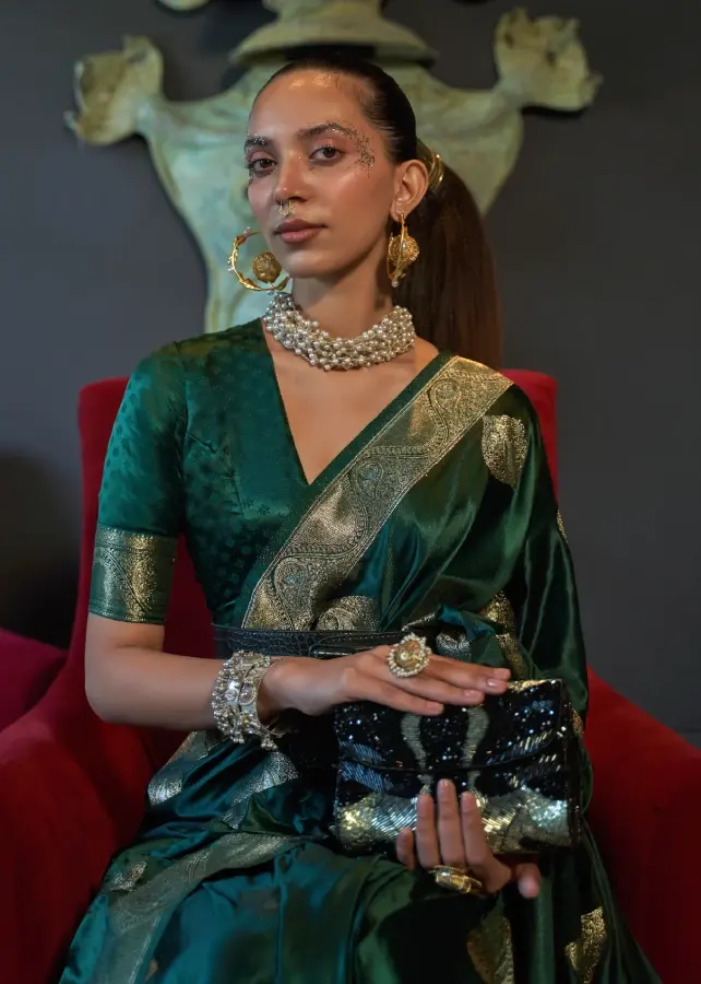 Thumbnail: Forest Green Banarasi Silk Saree