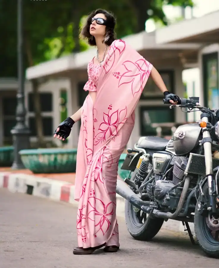 Baby Pink Printed Satin Crepe Saree