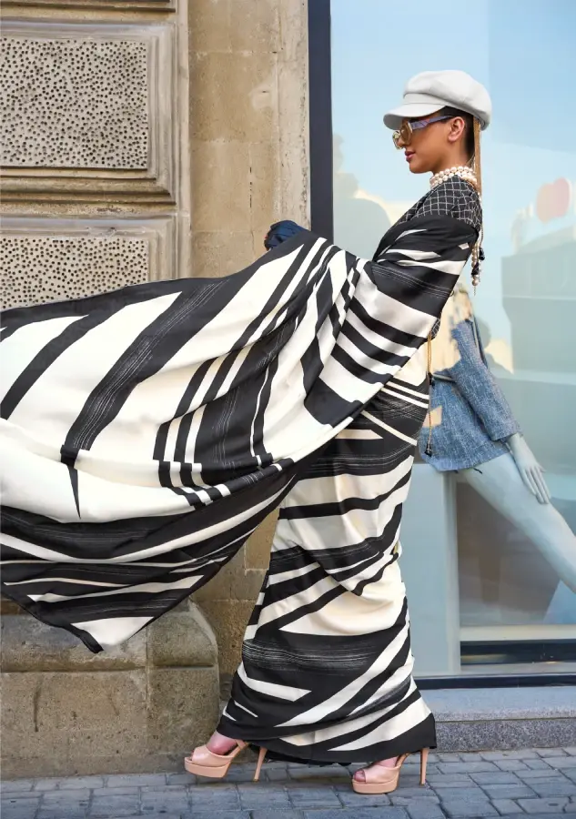 Elegant Black and White Satin Crepe Saree – Printed Design for Contemporary Look
