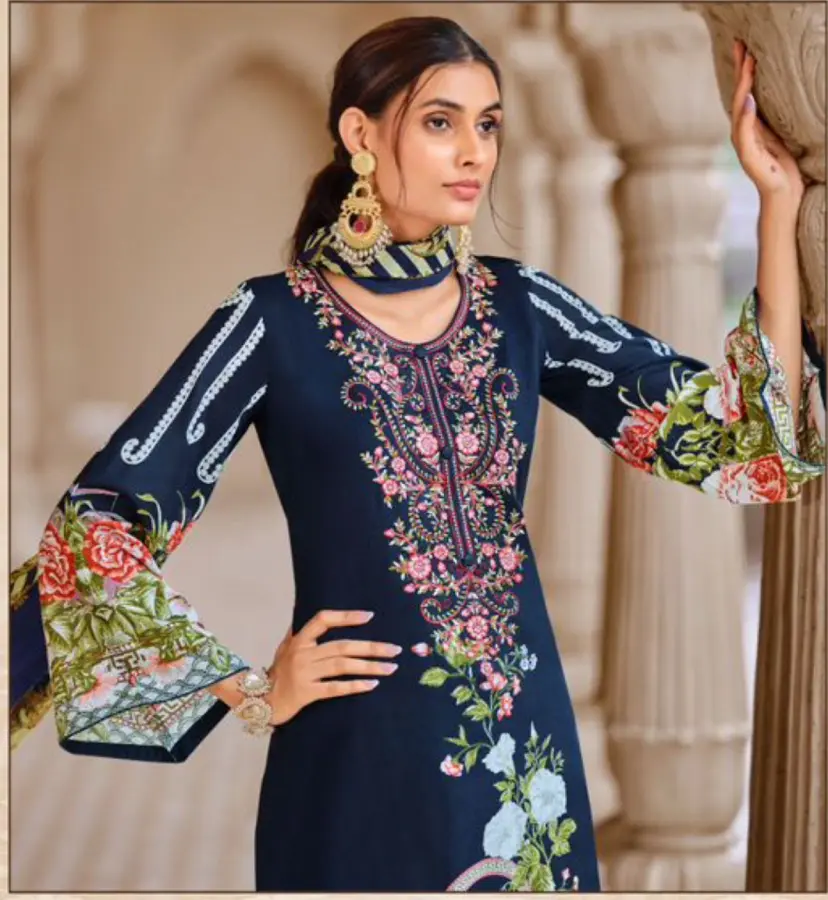 Thumbnail: Blue Pure Lawn Digital Print Suit with Heavy Pakistani Embroidery