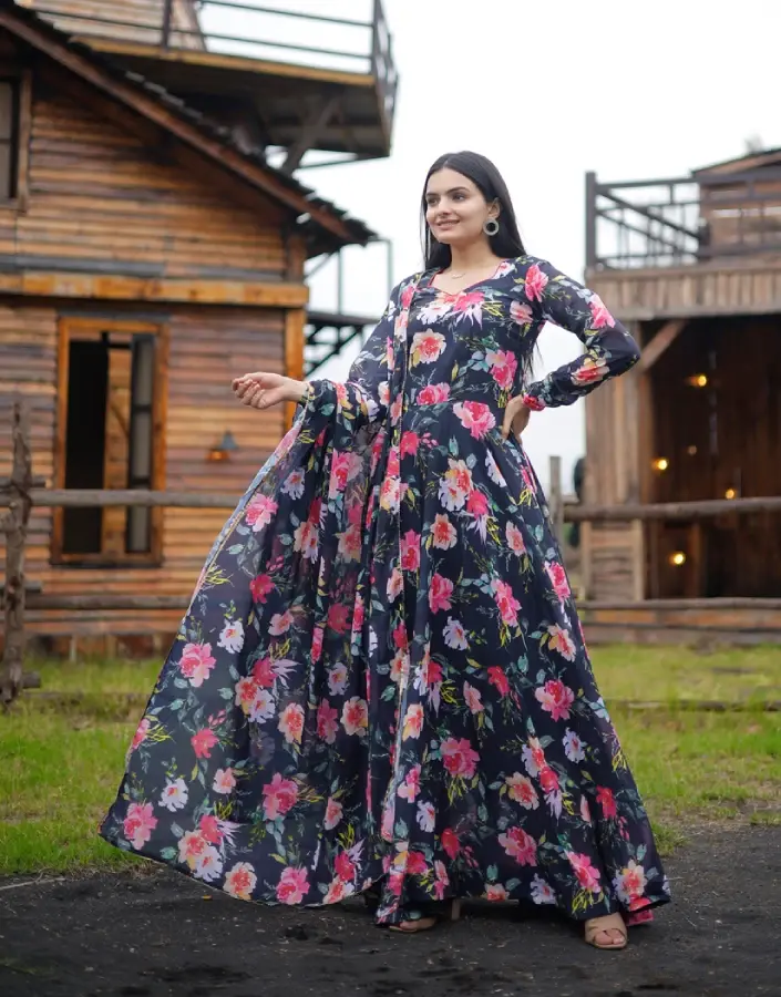 Designer Ready-to-Wear Navy Blue Georgette Gown with Digital Print Dupatta