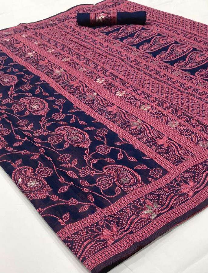 Thumbnail: Navy Blue Kashida Lucknowi Chikankari Weaving saree