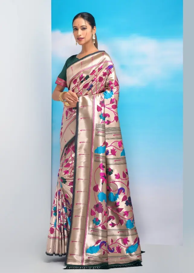 Thumbnail: Green Paithani Saree With Fancy Meena Zari Weaving Silk Saree