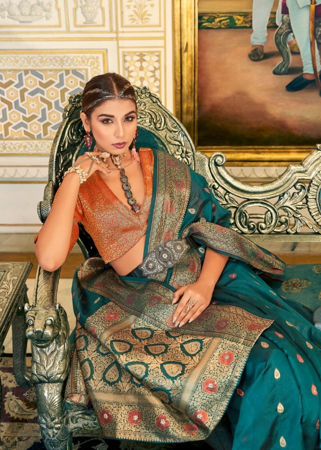 Thumbnail: Women's Peacock Blue Banarasi Organzai Zari Saree