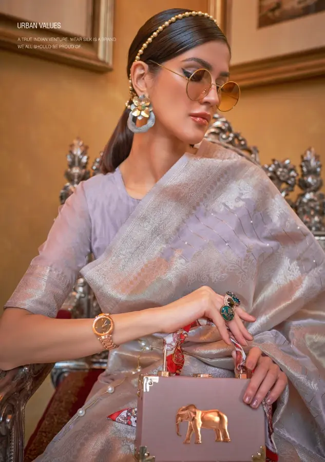 Thumbnail: Bluish Grey Zari Woven Banarasi Saree – Luxurious Silk Blend